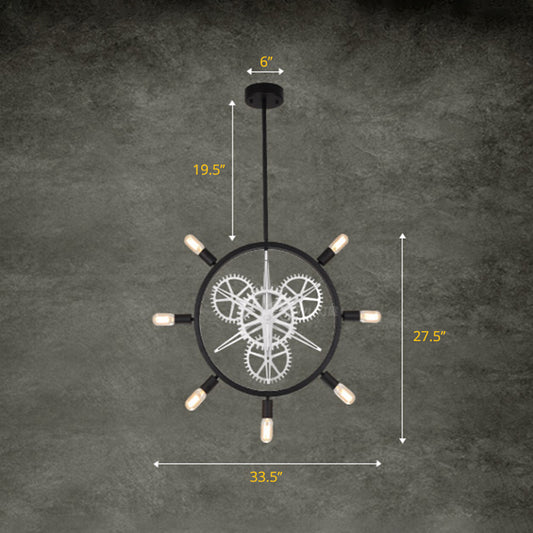 7/8 Bulbs Iron Hanging Chandelier Industrial Black/Silver Gear Wheel Dining Table Suspended Lighting Fixture with Exposed Bulb Design Clearhalo 'Ceiling Lights' 'Chandeliers' Lighting' options 2426788