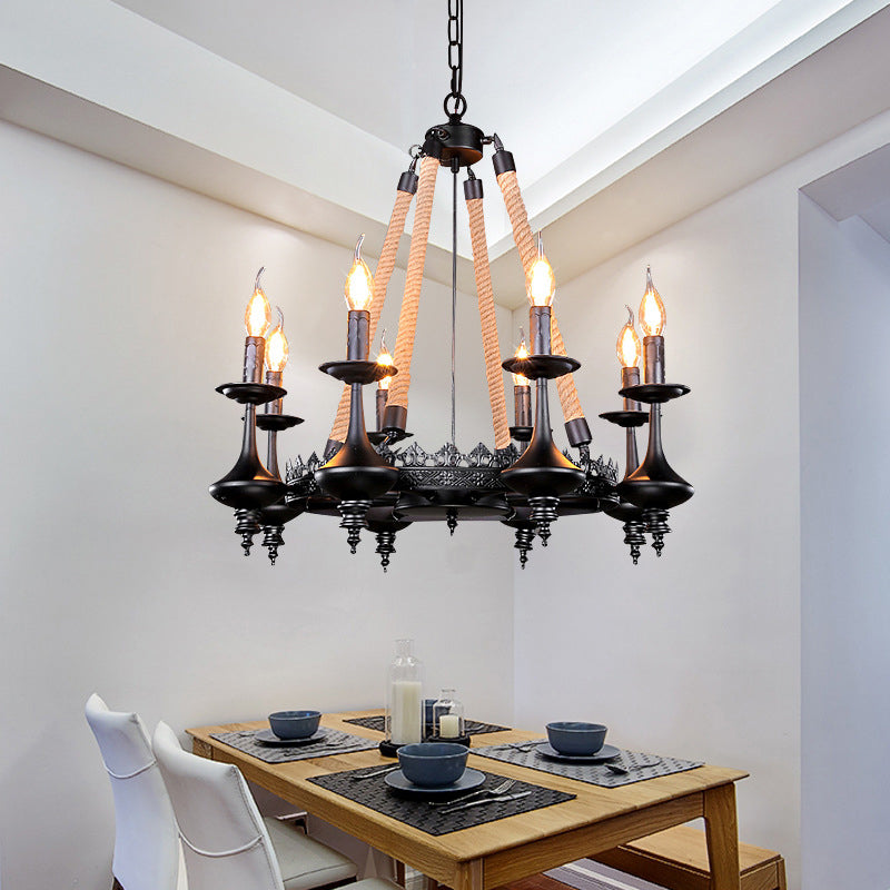 Iron Candle Chandelier Light Fixture Warehouse 6/8 Heads Dining Room Hanging Ceiling Light in Black with Rope Cord 8 Black Clearhalo 'Ceiling Lights' 'Chandeliers' Lighting' options 2426792_3c17d6f4-18a4-438e-86de-c30ac364b8d0