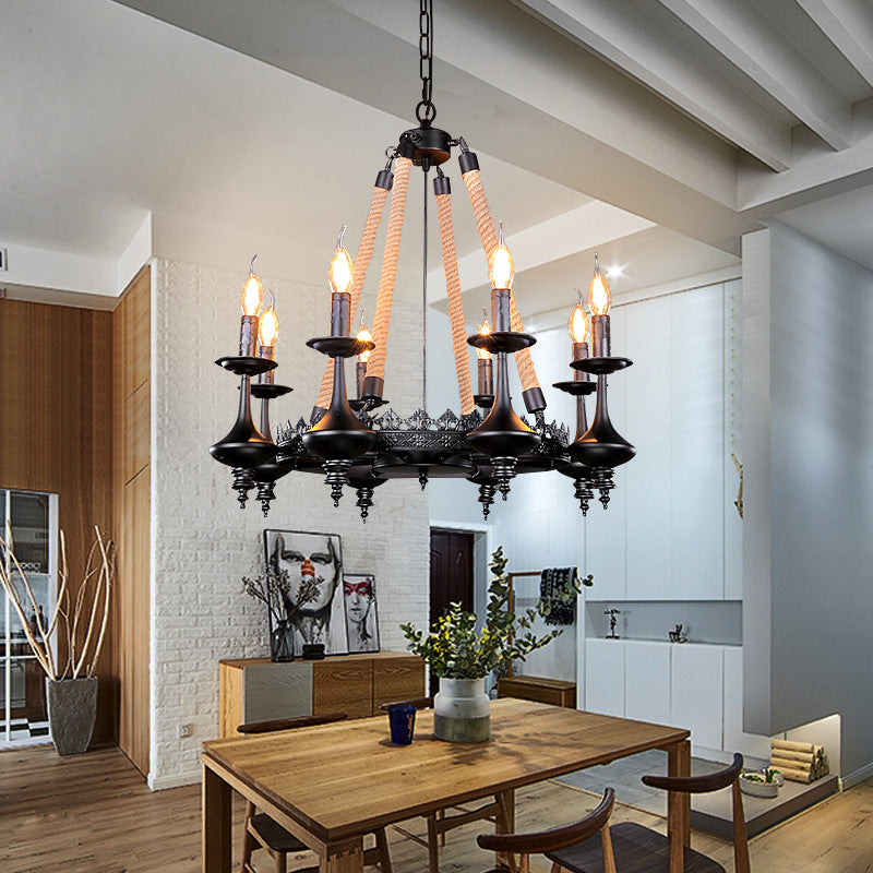 Iron Candle Chandelier Light Fixture Warehouse 6/8 Heads Dining Room Hanging Ceiling Light in Black with Rope Cord Clearhalo 'Ceiling Lights' 'Chandeliers' Lighting' options 2426793