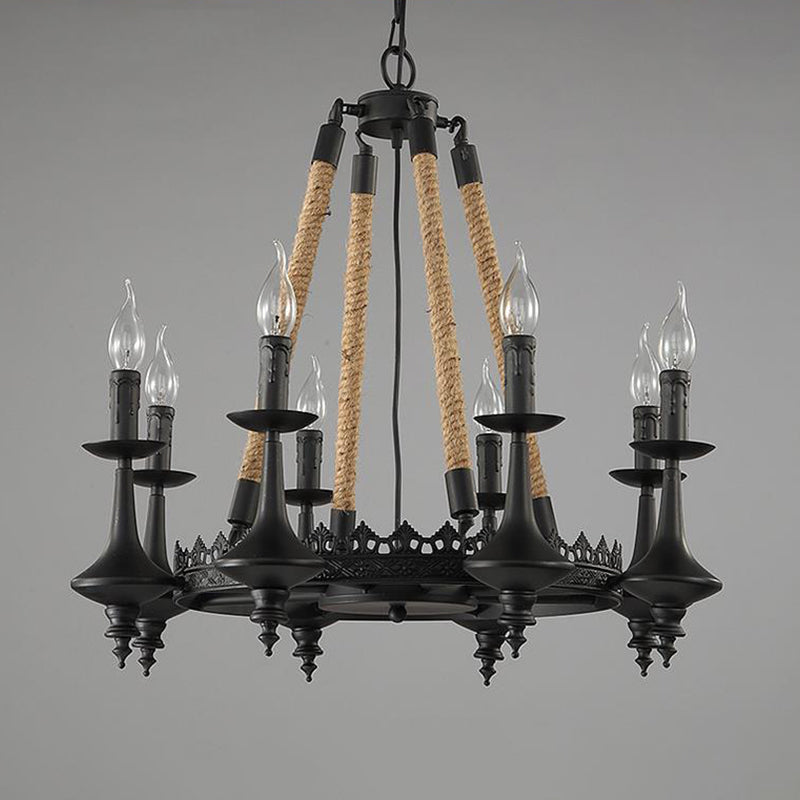 Iron Candle Chandelier Light Fixture Warehouse 6/8 Heads Dining Room Hanging Ceiling Light in Black with Rope Cord Clearhalo 'Ceiling Lights' 'Chandeliers' Lighting' options 2426794