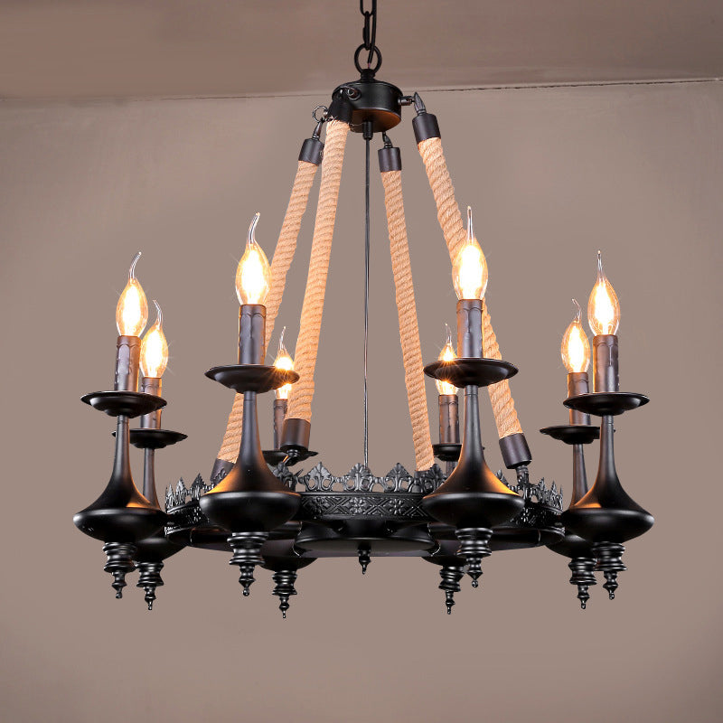 Iron Candle Chandelier Light Fixture Warehouse 6/8 Heads Dining Room Hanging Ceiling Light in Black with Rope Cord Clearhalo 'Ceiling Lights' 'Chandeliers' Lighting' options 2426795