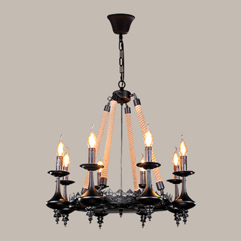 Iron Candle Chandelier Light Fixture Warehouse 6/8 Heads Dining Room Hanging Ceiling Light in Black with Rope Cord Clearhalo 'Ceiling Lights' 'Chandeliers' Lighting' options 2426796