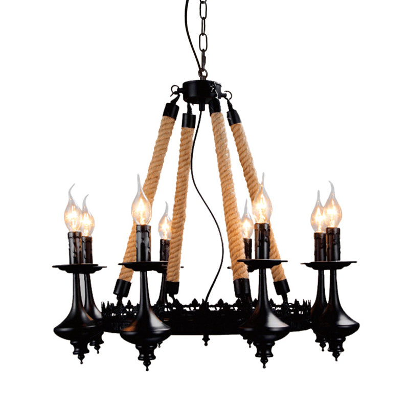 Iron Candle Chandelier Light Fixture Warehouse 6/8 Heads Dining Room Hanging Ceiling Light in Black with Rope Cord Clearhalo 'Ceiling Lights' 'Chandeliers' Lighting' options 2426798