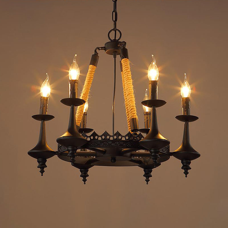 Iron Candle Chandelier Light Fixture Warehouse 6/8 Heads Dining Room Hanging Ceiling Light in Black with Rope Cord 6 Black Clearhalo 'Ceiling Lights' 'Chandeliers' Lighting' options 2426799_69292ab4-2e29-4439-ba63-9454885b0927