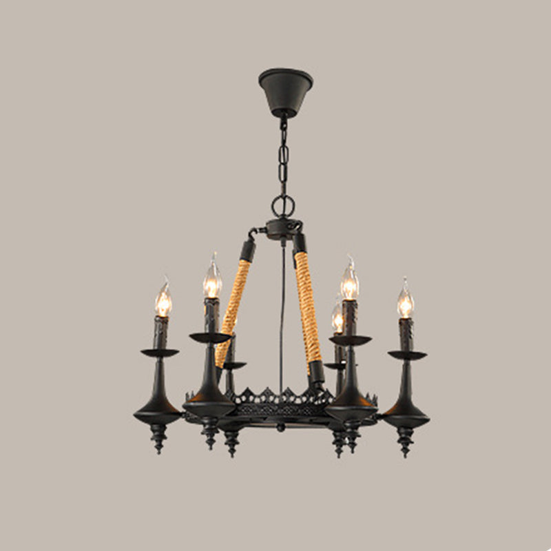 Iron Candle Chandelier Light Fixture Warehouse 6/8 Heads Dining Room Hanging Ceiling Light in Black with Rope Cord Clearhalo 'Ceiling Lights' 'Chandeliers' Lighting' options 2426800