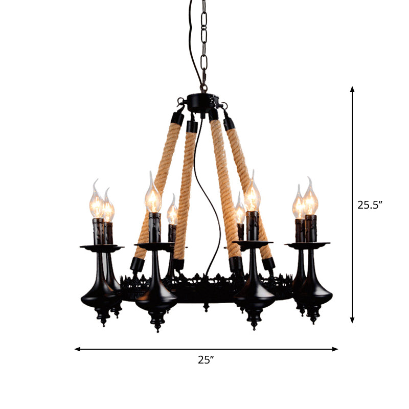 Iron Candle Chandelier Light Fixture Warehouse 6/8 Heads Dining Room Hanging Ceiling Light in Black with Rope Cord Clearhalo 'Ceiling Lights' 'Chandeliers' Lighting' options 2426801