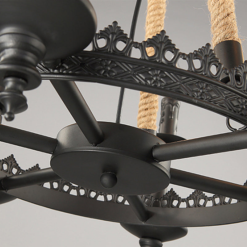 Iron Candle Chandelier Light Fixture Warehouse 6/8 Heads Dining Room Hanging Ceiling Light in Black with Rope Cord Clearhalo 'Ceiling Lights' 'Chandeliers' Lighting' options 2426803