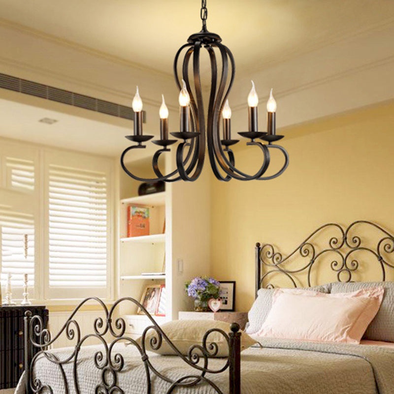 Black Swirled Arm Pendant Lighting Classic-Style Metal 3/5/6 Lights Living Room Chandelier 6 Black Clearhalo 'Ceiling Lights' 'Chandeliers' Lighting' 2426859