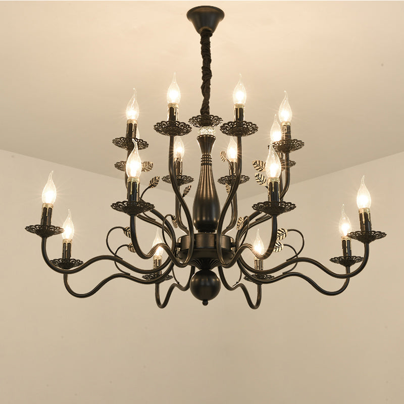 Metal Swooping Arm Hanging Chandelier Traditional 6/12/16 Lights Living Room Pendant Light in Dark Brown 16 Dark Brown Clearhalo 'Ceiling Lights' 'Chandeliers' Lighting' 2426876