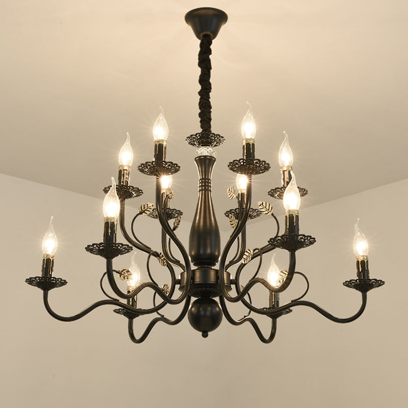 Metal Swooping Arm Hanging Chandelier Traditional 6/12/16 Lights Living Room Pendant Light in Dark Brown 12 Dark Brown Clearhalo 'Ceiling Lights' 'Chandeliers' Lighting' 2426877