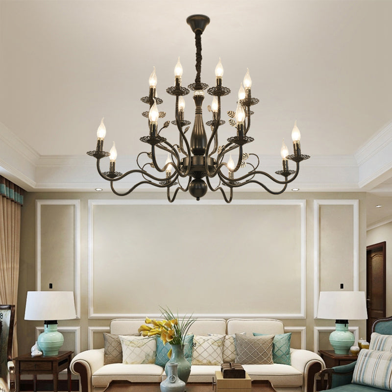 Metal Swooping Arm Hanging Chandelier Traditional 6/12/16 Lights Living Room Pendant Light in Dark Brown Clearhalo 'Ceiling Lights' 'Chandeliers' Lighting' 2426878