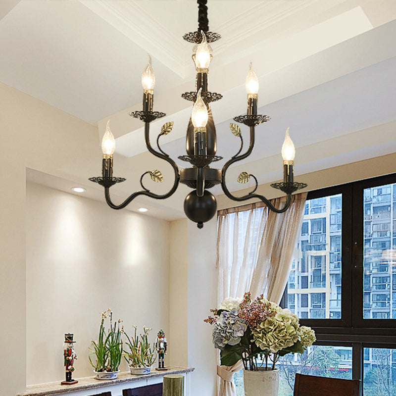 Metal Swooping Arm Hanging Chandelier Traditional 6/12/16 Lights Living Room Pendant Light in Dark Brown 6 Dark Brown Clearhalo 'Ceiling Lights' 'Chandeliers' Lighting' 2426879