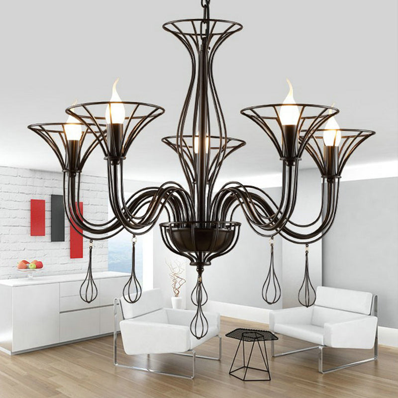 Dark Brown Scrolled Arm Pendant Lighting Classic Metal 5/6 Lights Living Room Chandelier Clearhalo 'Ceiling Lights' 'Chandeliers' Lighting' 2426939