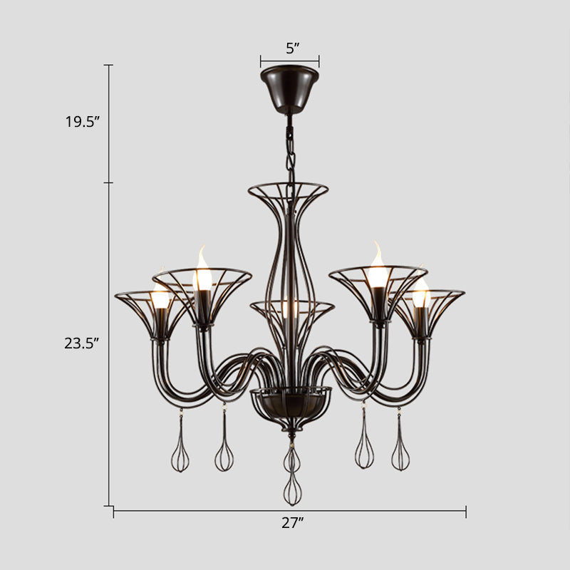 Dark Brown Scrolled Arm Pendant Lighting Classic Metal 5/6 Lights Living Room Chandelier Clearhalo 'Ceiling Lights' 'Chandeliers' Lighting' 2426941