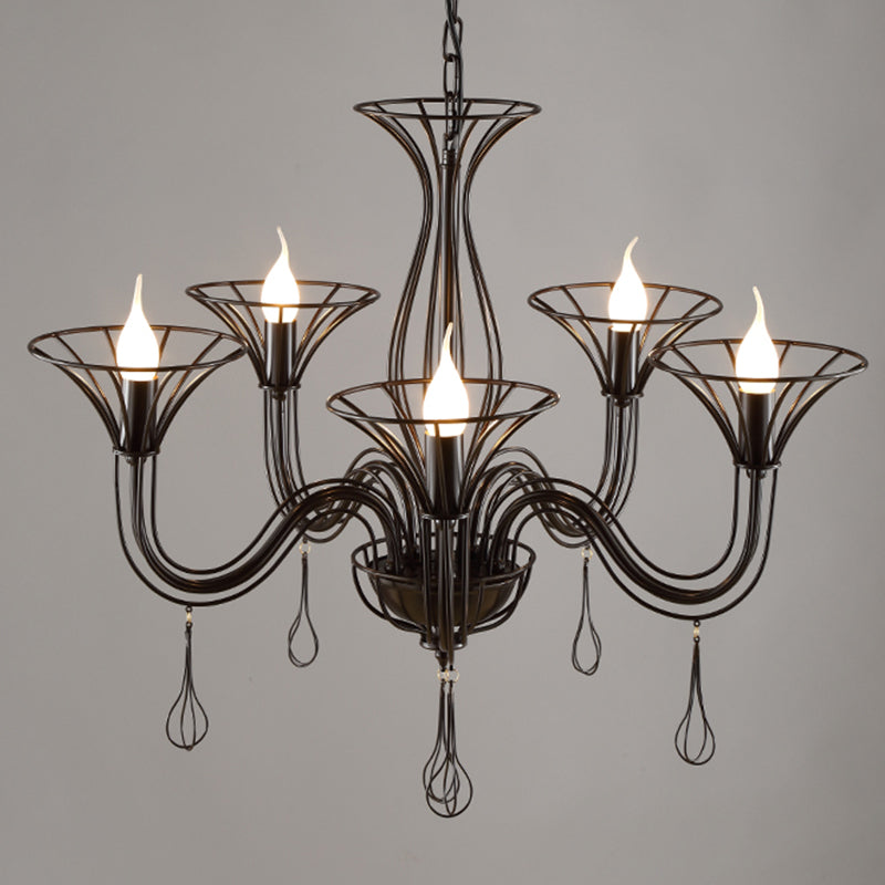 Dark Brown Scrolled Arm Pendant Lighting Classic Metal 5/6 Lights Living Room Chandelier 5 Dark Brown Clearhalo 'Ceiling Lights' 'Chandeliers' Lighting' 2426942