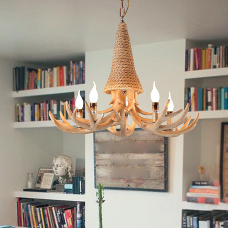 Beige Elk Shaped Chandelier Lamp Traditional Metal and Rope 3/5 Lights Living Room Hanging Light 5 Beige Clearhalo 'Ceiling Lights' 'Chandeliers' Lighting' 2426943