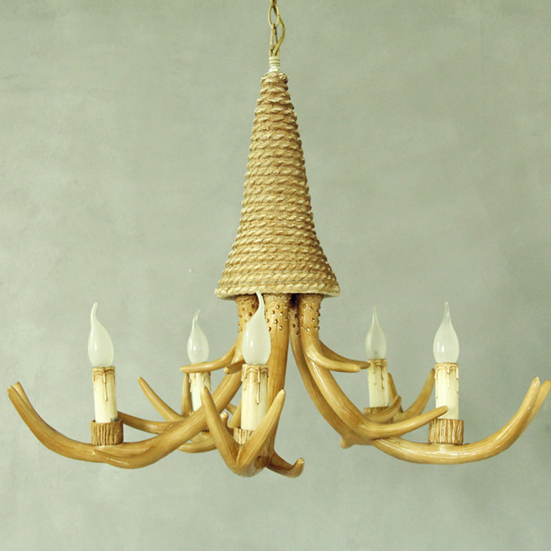 Beige Elk Shaped Chandelier Lamp Traditional Metal and Rope 3/5 Lights Living Room Hanging Light Clearhalo 'Ceiling Lights' 'Chandeliers' Lighting' 2426946