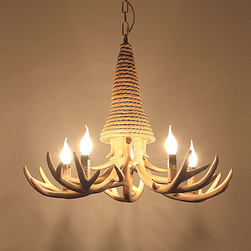 Beige Elk Shaped Chandelier Lamp Traditional Metal and Rope 3/5 Lights Living Room Hanging Light Clearhalo 'Ceiling Lights' 'Chandeliers' Lighting' 2426947