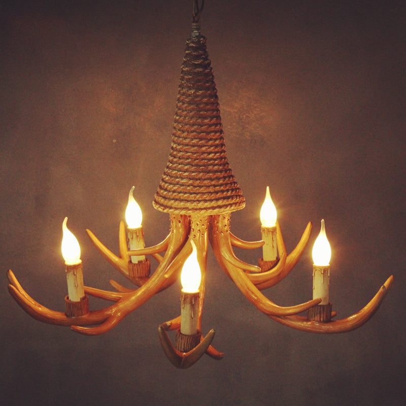 Beige Elk Shaped Chandelier Lamp Traditional Metal and Rope 3/5 Lights Living Room Hanging Light Clearhalo 'Ceiling Lights' 'Chandeliers' Lighting' 2426948