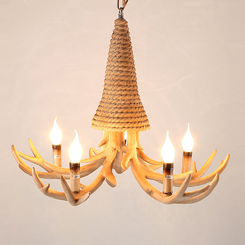 Beige Elk Shaped Chandelier Lamp Traditional Metal and Rope 3/5 Lights Living Room Hanging Light Clearhalo 'Ceiling Lights' 'Chandeliers' Lighting' 2426949