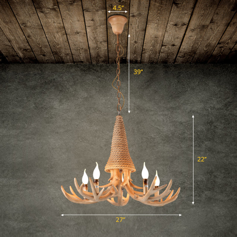 Beige Elk Shaped Chandelier Lamp Traditional Metal and Rope 3/5 Lights Living Room Hanging Light Clearhalo 'Ceiling Lights' 'Chandeliers' Lighting' 2426950