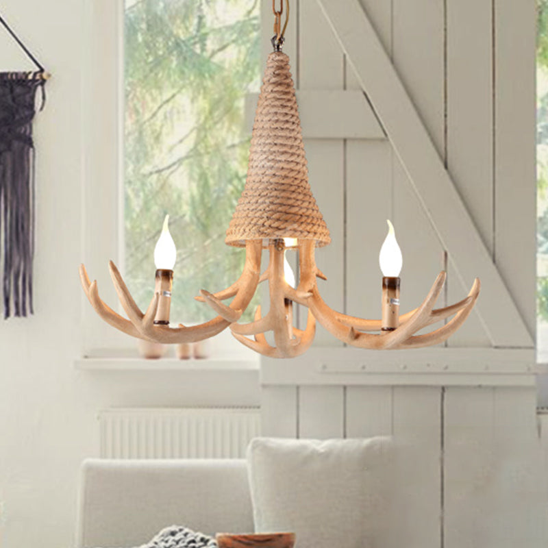 Beige Elk Shaped Chandelier Lamp Traditional Metal and Rope 3/5 Lights Living Room Hanging Light 3 Beige Clearhalo 'Ceiling Lights' 'Chandeliers' Lighting' 2426951