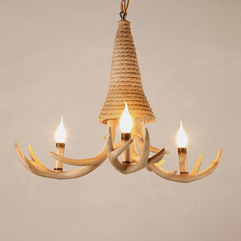 Beige Elk Shaped Chandelier Lamp Traditional Metal and Rope 3/5 Lights Living Room Hanging Light Clearhalo 'Ceiling Lights' 'Chandeliers' Lighting' 2426954