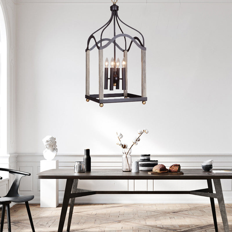 4 Lights Metal Hanging Chandelier Traditional Black Candle-Style Living Room Pendant Light Fixture with Cage Clearhalo 'Ceiling Lights' 'Chandeliers' Lighting' 2426957