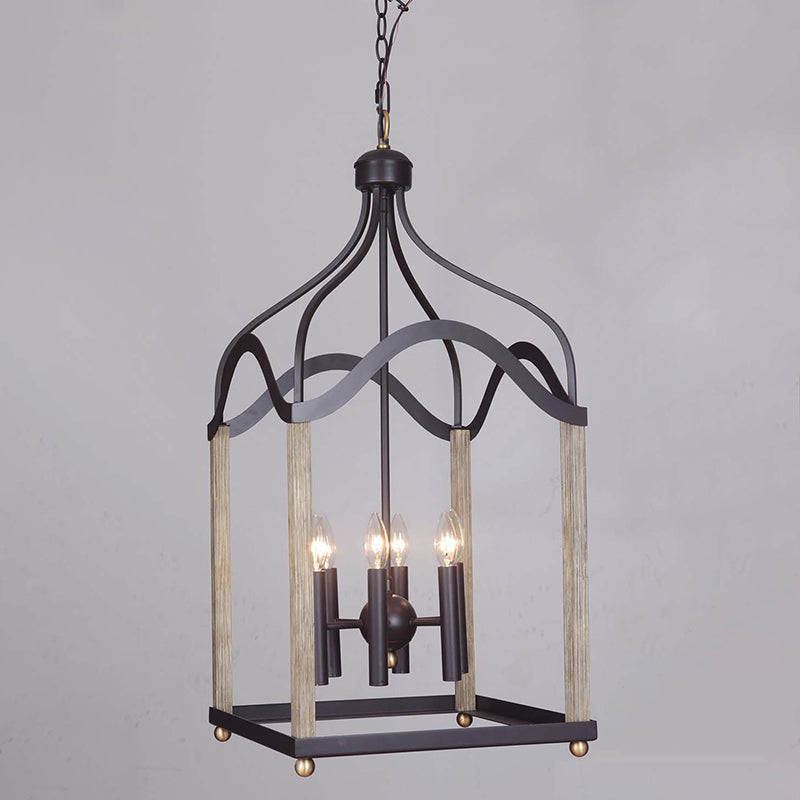 4 Lights Metal Hanging Chandelier Traditional Black Candle-Style Living Room Pendant Light Fixture with Cage Black Clearhalo 'Ceiling Lights' 'Chandeliers' Lighting' 2426958