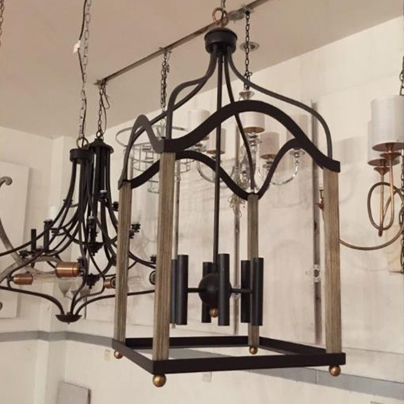 4 Lights Metal Hanging Chandelier Traditional Black Candle-Style Living Room Pendant Light Fixture with Cage Clearhalo 'Ceiling Lights' 'Chandeliers' Lighting' 2426959