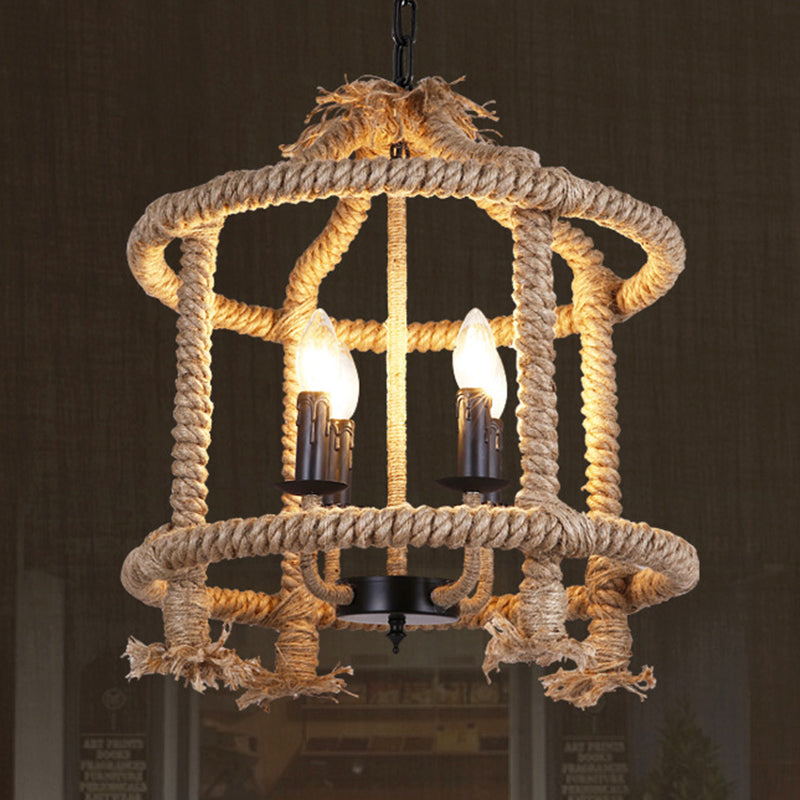 Beige 4 Lights Chandelier Light Fixture Traditional Rope Cylinder Pendant Lamp for Dining Room Beige Clearhalo 'Ceiling Lights' 'Chandeliers' Lighting' 2426999