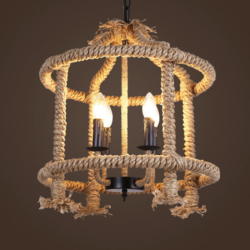 Beige 4 Lights Chandelier Light Fixture Traditional Rope Cylinder Pendant Lamp for Dining Room Clearhalo 'Ceiling Lights' 'Chandeliers' Lighting' 2427002