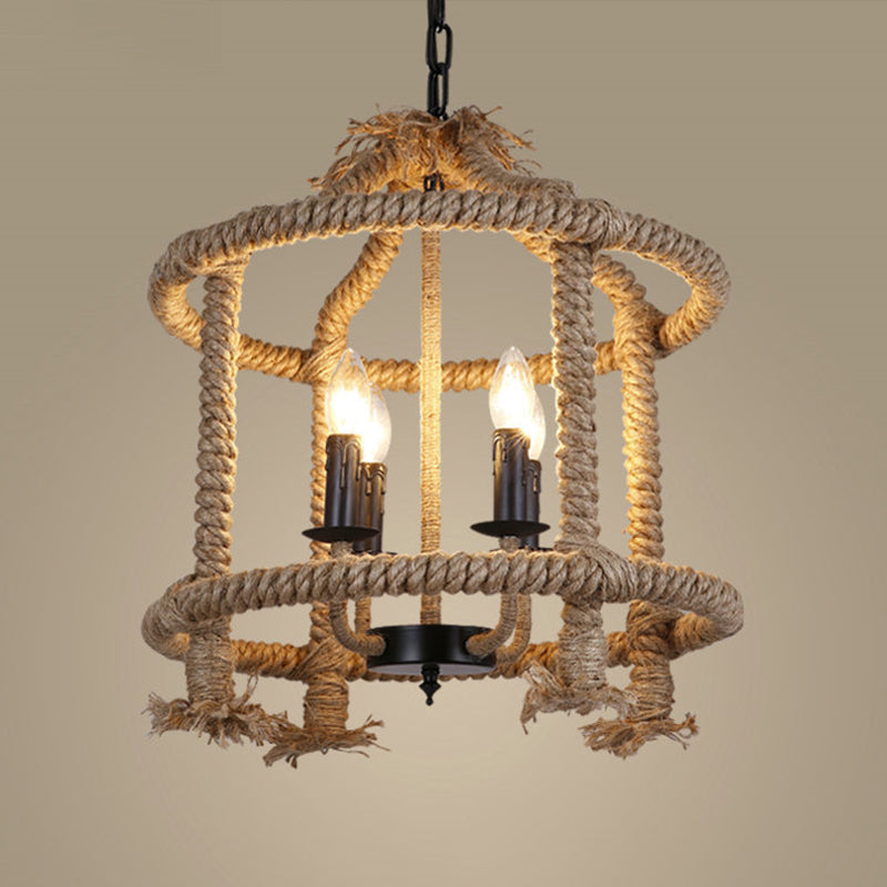 Beige 4 Lights Chandelier Light Fixture Traditional Rope Cylinder Pendant Lamp for Dining Room Clearhalo 'Ceiling Lights' 'Chandeliers' Lighting' 2427003