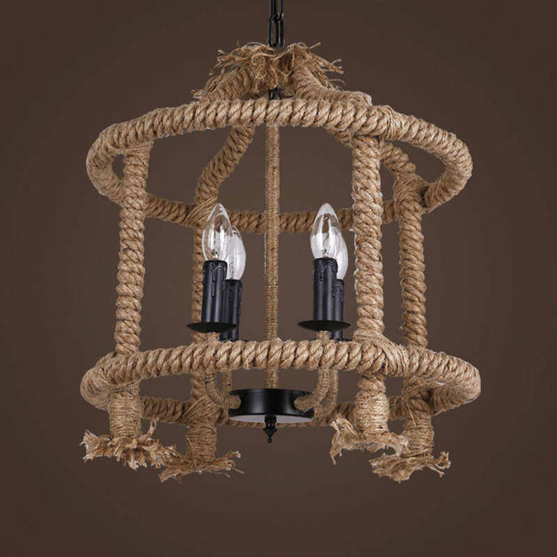 Beige 4 Lights Chandelier Light Fixture Traditional Rope Cylinder Pendant Lamp for Dining Room Clearhalo 'Ceiling Lights' 'Chandeliers' Lighting' 2427004