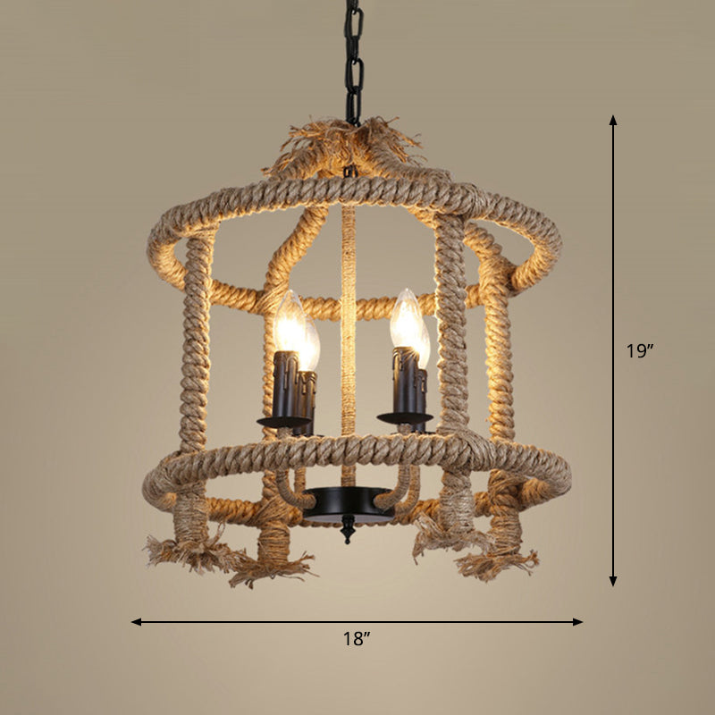 Beige 4 Lights Chandelier Light Fixture Traditional Rope Cylinder Pendant Lamp for Dining Room Clearhalo 'Ceiling Lights' 'Chandeliers' Lighting' 2427005