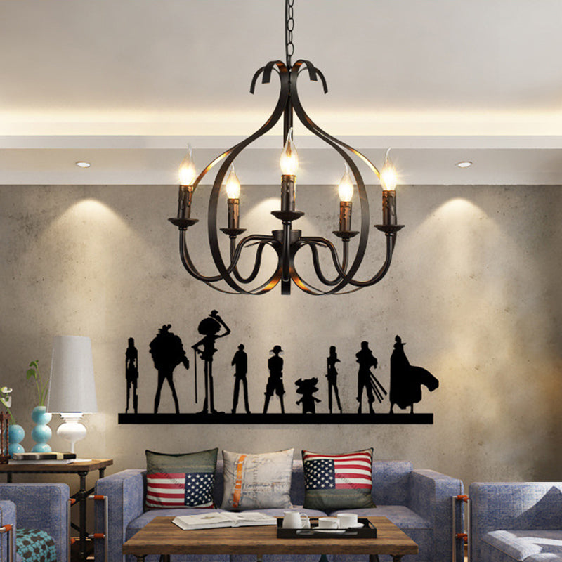 Metal Black Pendant Lamp Swirled Arm 5 Lights Classic Chandelier Light Fixture for Living Room Black Clearhalo 'Ceiling Lights' 'Chandeliers' Lighting' 2427032