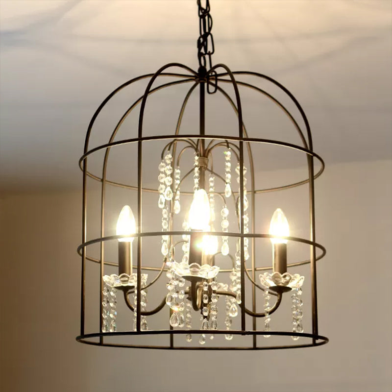 4 Lights Pendant Light Classic Birdcage Metal Hanging Chandelier in Black with Crystal Draping Black Clearhalo 'Ceiling Lights' 'Chandeliers' Lighting' 2427063