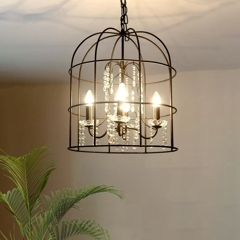 4 Lights Pendant Light Classic Birdcage Metal Hanging Chandelier in Black with Crystal Draping Clearhalo 'Ceiling Lights' 'Chandeliers' Lighting' 2427064