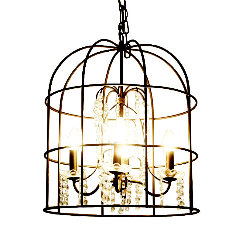 4 Lights Pendant Light Classic Birdcage Metal Hanging Chandelier in Black with Crystal Draping Clearhalo 'Ceiling Lights' 'Chandeliers' Lighting' 2427066