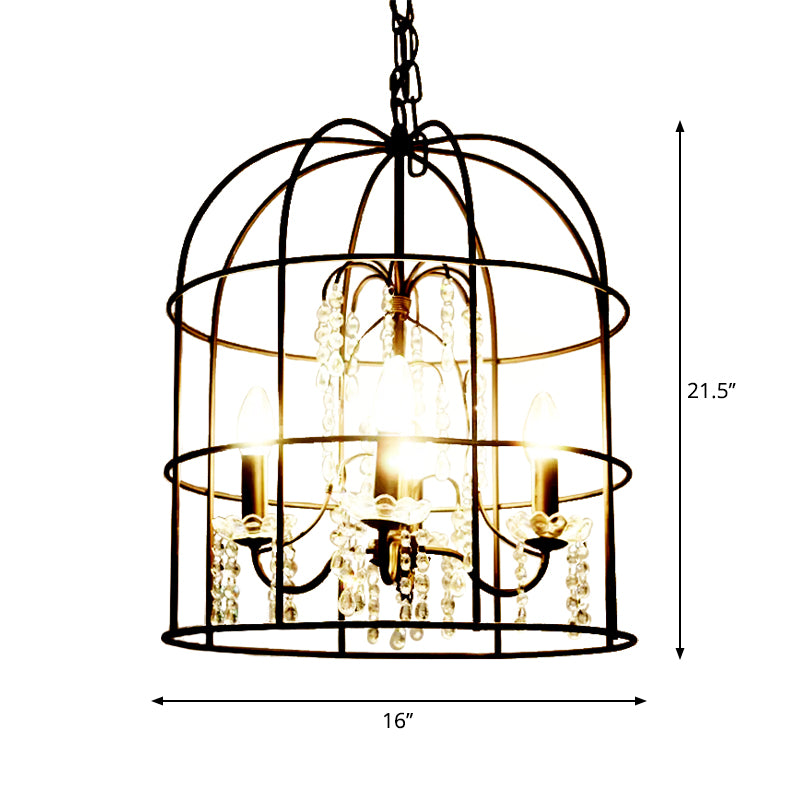 4 Lights Pendant Light Classic Birdcage Metal Hanging Chandelier in Black with Crystal Draping Clearhalo 'Ceiling Lights' 'Chandeliers' Lighting' 2427067