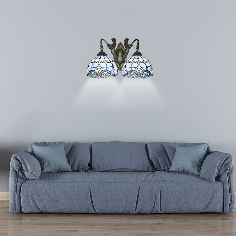 Mediterranean Dome Wall Mounted Light 2 Heads Blue Glass Sconce Lighting for Living Room Blue Clearhalo 'Industrial' 'Middle century wall lights' 'Tiffany wall lights' 'Tiffany' 'Wall Lamps & Sconces' 'Wall Lights' Lighting' 242713