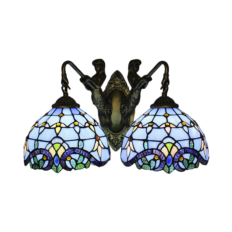 Mediterranean Dome Wall Mounted Light 2 Heads Blue Glass Sconce Lighting for Living Room Clearhalo 'Industrial' 'Middle century wall lights' 'Tiffany wall lights' 'Tiffany' 'Wall Lamps & Sconces' 'Wall Lights' Lighting' 242714