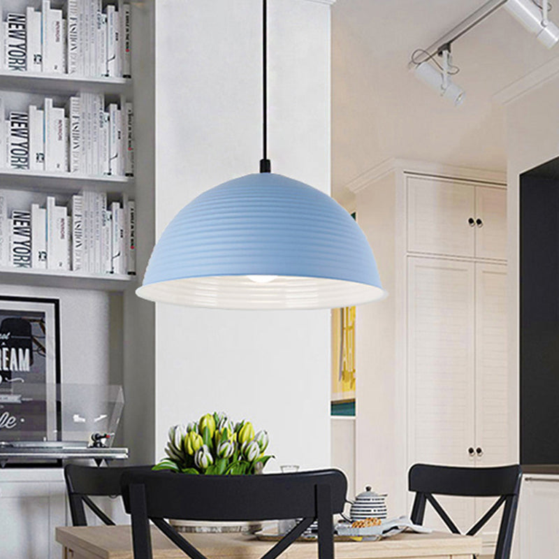 Cafe Store Ridged Domed Pendant Light Aluminum 12"/16" W 1 Light Nordic Style Suspension Lamp in Blue/Green/Yellow Blue Clearhalo 'Ceiling Lights' 'Modern Pendants' 'Modern' 'Pendant Lights' 'Pendants' Lighting' 242734