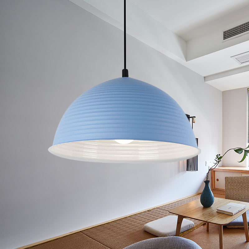 Cafe Store Ridged Domed Pendant Light Aluminum 12"/16" W 1 Light Nordic Style Suspension Lamp in Blue/Green/Yellow Clearhalo 'Ceiling Lights' 'Modern Pendants' 'Modern' 'Pendant Lights' 'Pendants' Lighting' 242735