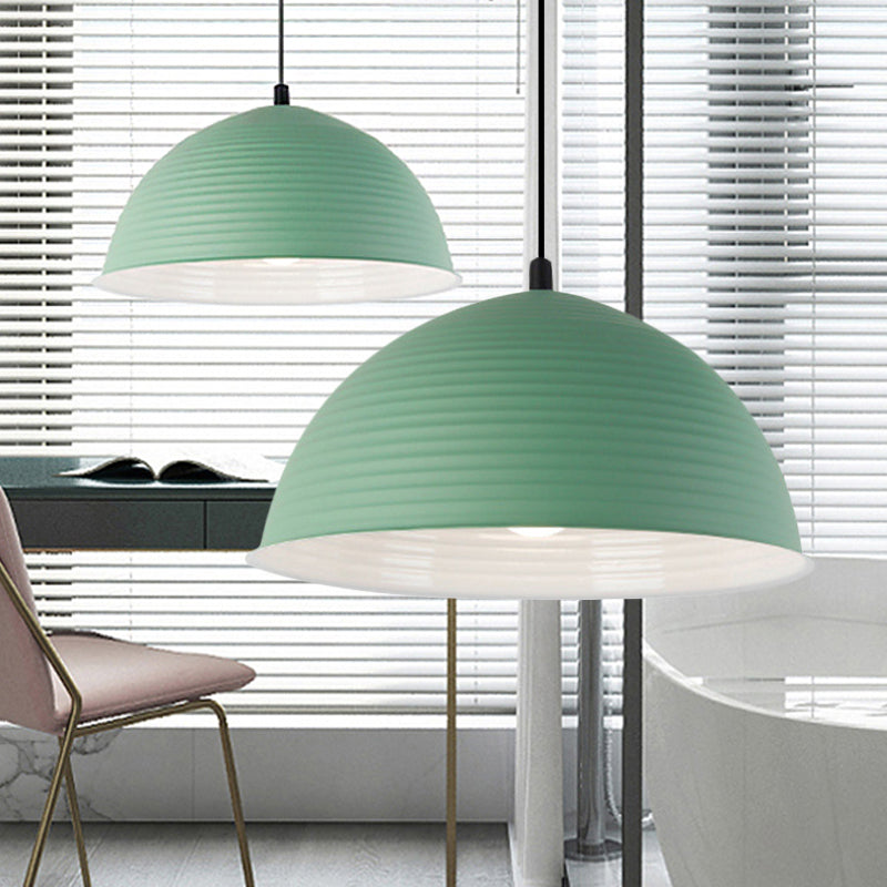 Cafe Store Ridged Domed Pendant Light Aluminum 12"/16" W 1 Light Nordic Style Suspension Lamp in Blue/Green/Yellow Clearhalo 'Ceiling Lights' 'Modern Pendants' 'Modern' 'Pendant Lights' 'Pendants' Lighting' 242736