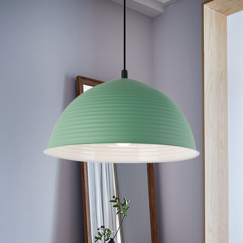 Cafe Store Ridged Domed Pendant Light Aluminum 12"/16" W 1 Light Nordic Style Suspension Lamp in Blue/Green/Yellow Green Clearhalo 'Ceiling Lights' 'Modern Pendants' 'Modern' 'Pendant Lights' 'Pendants' Lighting' 242737