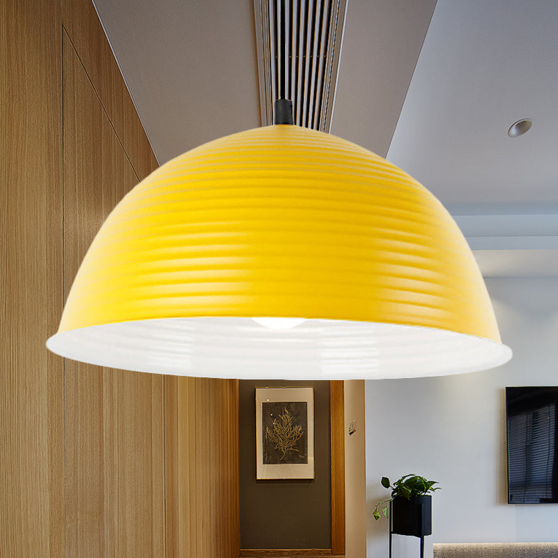 Cafe Store Ridged Domed Pendant Light Aluminum 12"/16" W 1 Light Nordic Style Suspension Lamp in Blue/Green/Yellow Yellow Clearhalo 'Ceiling Lights' 'Modern Pendants' 'Modern' 'Pendant Lights' 'Pendants' Lighting' 242738