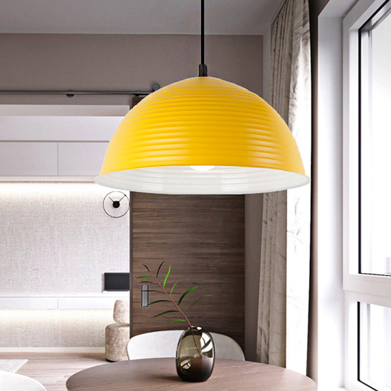 Cafe Store Ridged Domed Pendant Light Aluminum 12"/16" W 1 Light Nordic Style Suspension Lamp in Blue/Green/Yellow Clearhalo 'Ceiling Lights' 'Modern Pendants' 'Modern' 'Pendant Lights' 'Pendants' Lighting' 242739