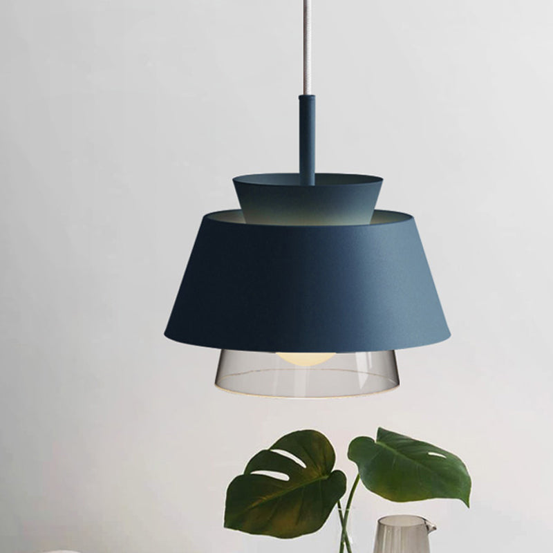 Blue/Green Tapered Hanging Light Macaron 1 Light Metal Pendant Lamp with Inner Glass Shade for Dining Room Clearhalo 'Ceiling Lights' 'Glass shade' 'Glass' 'Modern Pendants' 'Modern' 'Pendant Lights' 'Pendants' Lighting' 242744