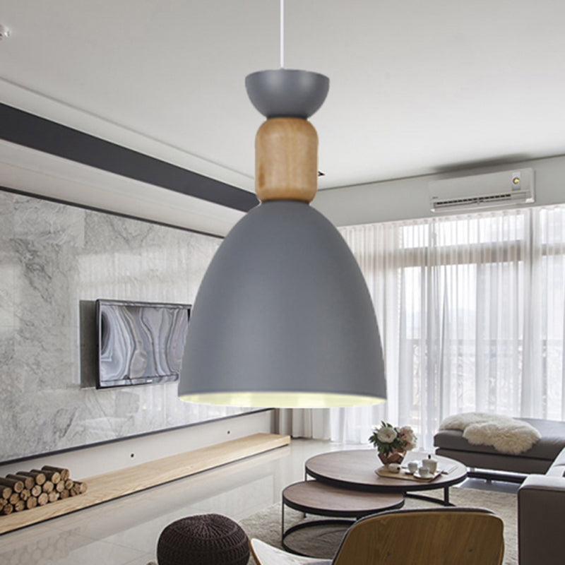 Dining Room Domed Suspension Light Metal Wood One Bulb Macaron Hanging Light Grey Clearhalo 'Ceiling Lights' 'Modern Pendants' 'Modern' 'Pendant Lights' 'Pendants' Lighting' 242813